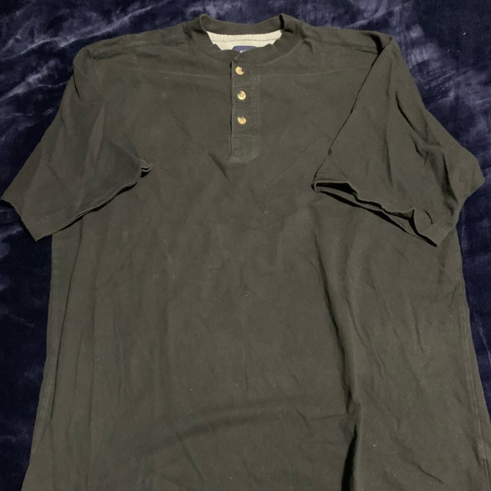 Puritan Black Henley Shirt. Short sleeve. Large. 100% cotton.